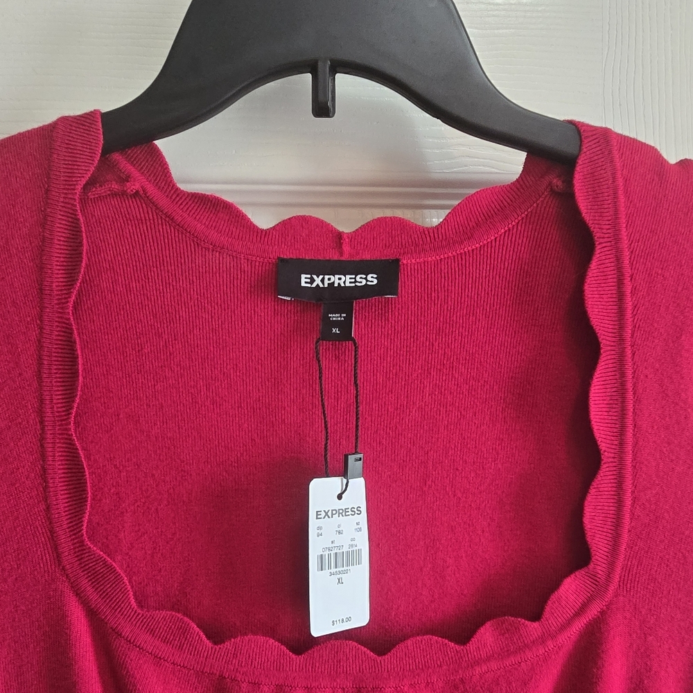 Express Red Scallop Neck Fit-and-Flare Dress - Picture 13 of 16
